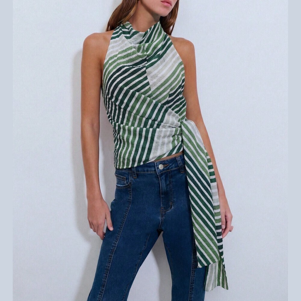 Green Striped Halter Top with Draped Side Sash
